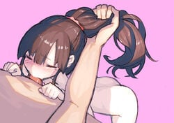 1boy bangs blush brown_hair closed_eyes commentary_request deepthroat fellatio female fukutchi hair_grab long_hair nude oral original outline penis pink_background ponytail simple_background solo_focus straight