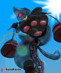 2018 animal_genitalia anthro ass black_body black_collar black_fur blue_body blue_fur bodily_fluids bondage bound bucket canine chains collar digital_media_(artwork) fur furry genital_fluids kurou-karasu lucario male male_only mammal nintendo nude omorashi open_mouth patreon paws peeing pokemon pokemon_(species) pokemon_dppt sheath slave solo submissive submissive_male text thick_thighs urine url video_games water watermark watersports wide_hips yellow_body yellow_fur