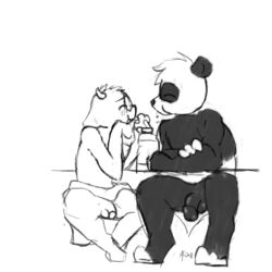 1:1 akferal anthro big_dom_small_sub bovid caprine eating giant_panda goat hi_res hiji invalid_tag male male/male mammal penis size_difference small_sub tony_k towel under_the_table ursid