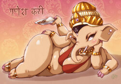 2020 4_arms anthro big_breasts bikini bikini_top blush breasts clothing deity ear_piercing elephant elephantid female food ganesha gold_(metal) gold_jewelry hat headgear headwear hindi_text hindu_mythology jewelry mammal melonleaf multi_arm multi_limb mythology navel overweight overweight_anthro overweight_female piercing proboscidean public_domain rice rule_63 solo swimwear tan_body translation_request trunk tusks