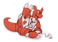 2019 3_fingers 3_toes anthro ass balls briefs claws clothing digimon digimon_(species) erection fingers guilmon iztli male male_only penis presenting presenting_hindquarters red_body red_skin scalie signature simple_background solo toes underwear white_background