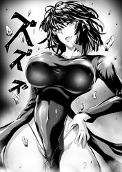 1girls black_hair breasts cowboy_shot dress fubuki_(one-punch_man) greyscale jet_puri large_breasts lingerie one-punch_man open_eyes panties panty_peek short_hair smile solo thighhighs thighs underwear