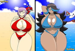 2girls alternate_breast_size ambiguous_gender armpits background_characters bikini black_hair busty cleavage courtney_(pokemon) curvy dark-skinned_female dark_skin female female_only feral groudon huge_ass huge_breasts human human_only igphhangout kyogre looking_at_viewer multiple_girls nintendo pokemon pokemon_(species) pokemon_oras shelly_(pokemon) shelly_(pokemon_oras) silvina_(pokémon) size_difference smaller_female smile source_request team_aqua team_magma text thick_thighs voluptuous wide_hips