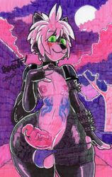 anthro balls erection fur girly green_eyes hi_res male nipples parasitedeath penis pink_body pink_fur solo solo_male spiked_armbands thick_thighs wide_hips