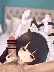 1boy 1girls absurdres animal_ear_fluff animal_ears azur_lane bangs bar_censor black_hair blurry blurry_background cat_ears cat_tail censored female highres light-skinned_female light-skinned_male light_skin looking_at_viewer maid_headdress male_pubic_hair mosaic_censoring penis pubic_hair red_eyes sakura_empire_(azur_lane) solo_focus straight sucking_testicles suushiki tail testicles white_legwear yamashiro_(azur_lane) yamashiro_(sales_clerk_offensive?!)_(azur_lane)