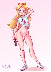 artist_name blonde_hair bottomless casual devil_horns disney erect_nipples erect_nipples_under_clothes eye_bags eyewear fake_horns female footwear grin hand_behind_head headband long_hair mickey_mouse pink_background profit pussy shaved_pussy shoes solo star_butterfly star_vs_the_forces_of_evil straight_hair sunglasses sunglasses_removed topwear very_long_hair vulva