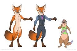 2018 4_fingers 4_toes adam_wan andy_borrego_(zaush) animal_genitalia anthro balls biped blue_eyes bottomless brown_body brown_fur bulge canid canine claws clothed clothing digital_media_(artwork) duo eyewear fingers fox front_view fully_sheathed fur glasses hi_res jayden_coultier_(zaush) looking_at_another looking_away lutrine male mammal model_sheet mustelid nude open_mouth open_smile orange_body orange_fur penis sheath shirt signature simple_background size_difference smile standing tan_body tan_fur text toes topwear url watermark white_background zaush