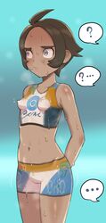 ... 1girls 2019 2equal8 ? abs armpits belly blue_background blush bodypaint breasts brown_hair covered_nipples dark_skin embarrassed false_clothes female game_freak grey_eyes gym_shorts gym_trainer_(hulbury_stadium) gym_trainer_(pokemon) heavy_breathing highres hulbury hulbury_stadium human looking_away motion_lines navel nintendo npc_trainer nude painted_clothes pokemon pokemon_ss pose pussy pussy_juice sanpaku short_hair shorts simple_background sketch small_breasts solo_focus speech_bubble sports_bra standing strong_tomboy_(spectrum) sweat thick_eyebrows tomboy very_short_hair wet