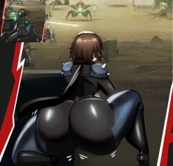 ass bodysuit brown_hair fat_ass from_behind goddess_of_victory:_nikke huge_ass makoto_niijima massive_ass nikke's_shooting_pose_(meme) persona persona_5 schnauzercito screenshot short_hair tight_clothing