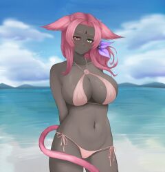 2024 beach beach_background bikini cat_ears cat_girl cat_tail catgirl dark-skinned_female dark_skin dark_skinned_female face_mark face_markings female female_focus forehead_mark forehead_markings fully_clothed green_eyes hair_ornament hara_(lupinezinico) heterochromia large_breasts long_hair looking_at_viewer lupinezinico_(zinico) mark_on_forehead nauaru nauaru_(artist) pink_bikini pink_cat_ears pink_cat_tail pink_ears pink_hair pink_swimsuit pink_tail red_eyes swimsuit tail thick_thighs
