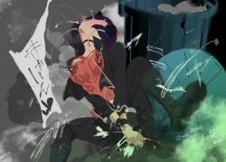 1girl audio_jack black_choker black_hair boku_no_hero_academia boots breasts choker commentary_request completion_time covered_nipples crotch_rub dated earplugs excessive_pussy_juice female_ejaculation female_ejaculation_through_clothes female_orgasm forced_orgasm head_back jacket jiro_kyoka long_earlobes medium_breasts nyuu_(manekin-eko) orgasm pink_shirt pussy_juice pussy_juice_drip_through_clothes shirt short_hair signature solo squirting_in_bottomwear squirting_through_clothes through_clothes tongue tongue_out wet_pants