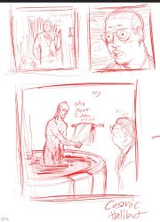 2026 2boys bath bathroom blush blushing blushing_lines cecil_stedman clothed clothing completely_naked completely_naked_male completely_nude completely_nude_male cosmic-halibut donald_ferguson english english_text glasses hair invincible invincible_(comics) invincible_(tv_series) light_skin light_skinned_male male/male male_only naked naked_male nude nude_male office_clothing open_eyes open_mouth shirt short_hair simple_background standing teeth teeth_showing teeth_visible text text_bubble tie towel wet wet_skin white_background