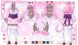 butterfly_tattoo cat_ears cat_girl cat_tail catgirl commission dark-skinned_female dark_skin dark_skinned_female face_mark face_markings female female_focus female_only forehead_mark forehead_markings fully_clothed green_eyes green_tattoo hair_ornament hara_(lupinezinico) heterochromia large_breasts long_hair looking_at_viewer lupinezinico_(zinico) magentamoshi_(artist) mark_on_forehead oc pink_cat_ears pink_cat_tail pink_ears pink_hair pink_kimono pink_tail red_eyes reference_sheet short_kimono tail thick_thighs