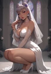 ai_generated ass big_breasts bride church cleavage earrings evelynn female high_heels league_of_legends long_gloves looking_at_viewer mobolusai posing squatting thick_thighs thighs wedding_dress white_hair