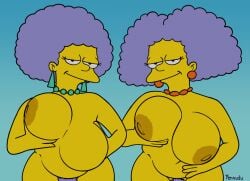 the_simpsons 20th_century_studios 20th_century_fox patty_bouvier yenvudu 1girls yellow-skinned_female yellow_skin grey_hair pubic_hair looking_at_viewer female female_only female_focus nipples yellow_nipples chubby chubby_female earrings necklace bouncing_breasts animated gif selma_bouvier 2girls twins twins_(lore) twin_sisters