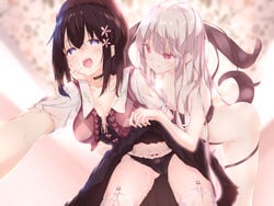 2girls ass black_hair blush hat long_hair multiple_girls numpopo original panties purple_eyes pussy_juice red_eyes skirt_lift stockings underwear white_hair yuri