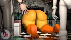 1girls 2boys 3d 3d_(artwork) animatronic ass ass_focus big_ass bird chicken clothing dat_ass dialogue dumptruck_ass enormous_ass faceless_female faceless_male fat_ass female five_nights_at_freddy's fnaf2_location gamer126i gigantic_ass huge_ass indoors large_ass light-skinned_male light_skin male mature mature_female mature_male orange_legs pants part_2 robot robot_girl runaboo_chica scottgames stuck text thick_ass thick_thighs thighs toy_chica_(fnaf) unseen_female_face unseen_male_face white_body yellow_body