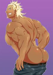 1boy abs ass back_muscles bara belt bubble_ass bubble_butt butt_focus dat_ass digital_media_(artwork) fire_emblem fire_emblem_awakening gay human jeans male male_only mooning muscular muscular_male pants_down purple_background simple_background undressing vaike_(fire_emblem) video_games yaoi