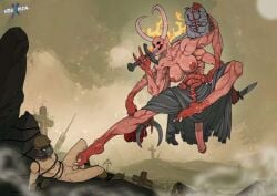 black_eyes demon exposed_organs exposed_penis fire_hair floating footjob futa_on_male futanari horns human interxpecial long_penis male male_human/female_demon multiple_arms muscular_female nightmare_waifu nude nude_male questionable_consent red_skin restrained skull_head sorcerer_(trench_crusade) topless trench_crusade