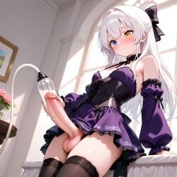 ai_generated lapis_rosenberg eiyuu_densetsu pale_skin pale-skinned_futa 1futa solo_futa futanari futa_only small_breasts penis erection large_penis thighhighs long_hair white_hair heterochromia yellow_eyes blue_eyes blush detached_sleeves corset penis_milking penis_milking_machine