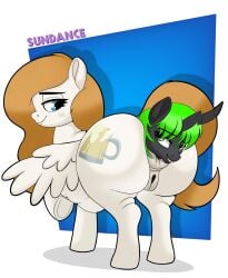 2026 abdominal_bulge absurd_res almost_fully_inside anal anal_vore anus artist_name black_body blonde_hair blue_background blue_eyes border bunnyboi0108 buzzy_brew changeling_(mlp) duo equid equine fan_character feet_first female feral friendship_is_magic genitals hair hasbro hi_res hooves lidded_eyes looking_back male mammal my_little_pony mythological_creature mythological_equine mythology nude orange_hair pegasus puffy_anus raised_hoof simple_background text vore vulva white_body white_border wings