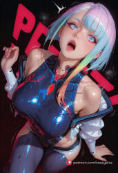 booty busty horny sexy curvy blush slim_waist thick_thighs wide_hips ai_generated large_breasts naked nude short_hair bob_cut makeup implants cyberpunk_2077 cyberpunk:_edgerunners cyberpunk_(series) latex bodysuit bare_shoulders surprised mouth_open mind_break mindbreak