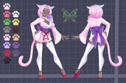 butterfly_tattoo cat_ears cat_girl cat_legwear cat_tail catgirl color_palette commission dark-skinned_female dark_skin dark_skinned_female face_mark face_markings female female_focus female_only forehead_mark forehead_markings fully_clothed green_eyes green_tattoo hair_ornament hara_(lupinezinico) heterochromia large_breasts leggings long_hair looking_at_viewer lupinezinico_(zinico) mark_on_forehead oc pink_cat_ears pink_cat_tail pink_ears pink_hair pink_kimono pink_tail radiant_toast_(artist) red_eyes reference_sheet sandals short_kimono tail tattoo thick_thighs