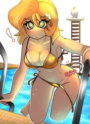 golden_bikini bikini 1girls duck diving_board pool 2d 2d_(artwork) digital_drawing_(artwork) color digital_media_(artwork) colored 2026 artist_name watermark female female_focus wardrobe_malfunction breasts freckles freckles_on_breasts onomatopoeia chariiiiii ! light_skin light-skinned_female freckles_on_legs freckles_on_shoulders wet wet_body short_hair orange_hair orange-haired_female tan_lines swimsuit getting_out_of_pool golden_week gold_bikini