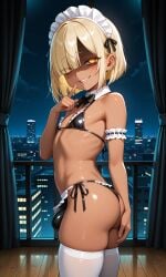 1boy ai_generated bags_under_eyes blonde_hair bob_cut bowtie bulge_under_clothes cityscape dark-skinned_femboy dark-skinned_male dark_skin detached_collar evil_grin evil_smile femboy finger_to_mouth flat_chest frilled_apron frills from_side gesugao glowing_eyes golden_eyes hair_over_one_eye hotel_room indoors looking_at_viewer maid_bikini maid_headdress male male_only mr.mawile original_character shaded_face sissy slim small_ass small_but_hung solo standing thighhighs white_thighhighs