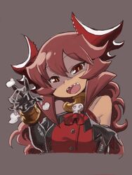 black_gloves bracelet breasts cum cum_on_fingers curly_hair demon_girl demon_horns dress elbow_gloves female gloves gorget hair_between_eyes highres horns jewelry long_hair maou_beluzel matsuda_yuusuke open_mouth red_dress red_eyes red_hair shaded_face sharp_teeth small_breasts smile solo teeth upper_body yuusha_to_maou