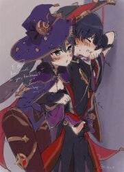 1boy 1girl aqua_eyes armor assertive_female black_bodysuit black_bow black_gloves black_hair black_kimono black_shorts black_sleeves blunt_ends blush bodystocking bodysuit bow breasts cape cleavage clenched_hand closed_eyes crescent crescent_hat_ornament english_text erection eyeliner fur-trimmed_cape fur_trim genshin_impact gloves gold gold_thighlet gold_trim grabbing_from_behind hair_between_eyes hand_up handjob hat hat_bow hat_ornament hetero highleg highleg_leotard highres holding_another's_wrist japanese_armor japanese_clothes jewelry juban kannakake kimono kote kurokote layered_sleeves leotard makeup mandarin_collar mona_(genshin_impact) neck_ring o-ring open_clothes open_kimono open_mouth penis purple_hat purple_leotard purple_sash purple_sleeves reach-around red_cape red_eyeliner red_hat red_kimono red_sash sash scaramouche_(genshin_impact) short_eyebrows shorts small_breasts small_penis speech_bubble star_(symbol) star_hat_ornament star_trail sweatdrop tassel thighlet tsurime two-sided_fabric two-sided_headwear white_kimono witch_hat
