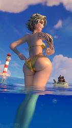 epic_games fortnite fortnite:_battle_royale 3d borealisnsfw joni_(fortnite) solo solo_female 1girls 1female female female_only light_skin light-skinned_female short_hair blonde_hair blonde_female blonde blonde-haired_female hair_ornament hairpin earrings hoop_earrings piercing piercings smile smiling red_eyes looking_back standing back_view rear_view bikini bikini_top bikini_bottom two-piece_swimsuit swimwear golden_bikini golden_week ass butt in_water beach painted_nails nail_polish colored_nails arm_tattoo tattoo tattooed_arm 2026
