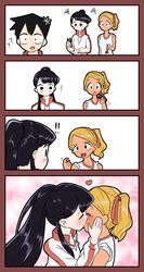 !! 1boy 2girls 4koma artist_request black_hair blonde_hair blush cute dark_skin female female_focus first_porn_of_character food food_in_mouth kissing komi-san_wa_komyushou_desu komi_shouko long_hair looking_at_another manbagi_rumiko multiple_girls open_eyes open_mouth ponytail red_ribbon ribbon sharing_food short_hair source_request surprised sushi swap_food wholesome yuri