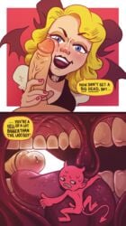 2018 black_lips blonde_hair blowjob blue_eyes collar color colored_nails comic commission cuckold cutaway demon demon_girl demon_horns demon_tail demon_wings demoness fellatio femdom giantess highres huge_cock imminent_fellatio imminent_oral imminent_vore internal internal_view larger_female looking_at_viewer looking_back mouth_shot nail_polish nervous open_mouth penis_on_face pov pov_eye_contact red_skin reverse_mouth_shot simple_background size_difference size_play small_penis small_penis_humiliation smaller_male speech_bubble spitty succubus tagme teeth tongue uvula vore wavy_hair