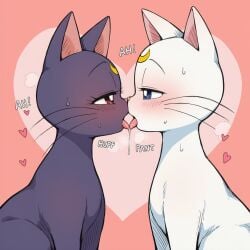 feral ai_generated tagme a_cat_is_fine_too canon_couple furry bishoujo_senshi_sailor_moon luna_(sailor_moon) artemis_(sailor_moon) gridanon domestic_cat felid feline felis mammal english_text hi_res novelai black_body black_fur blue_eyes blush bodily_fluids breath drooling duo eye_contact eyelashes female female_feral feral_on_feral french_kissing fur half-closed_eyes heart_symbol kissing looking_at_another male male/female male_feral markings moan monotone_body monotone_fur narrowed_eyes panting pink_background pink_nose pink_tongue purple_body quadruped red_eyes saliva saliva_on_tongue saliva_string side_view simple_background sound_effects sweat text tongue tongue_out whiskers white_body white_fur