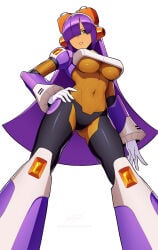 1girl android artist_name artist_signature beauty_mark big_breasts black_panties blunt_bangs breasts capcom commentary dark-skinned_female dark_skin english_commentary gloves green_eyes hair_over_eyes hair_over_one_eye hand_on_own_hip headset hime_cut joints large_breasts layer layer_(mega_man) long_hair low-angle_view mega_man mega_man_(series) mega_man_x mega_man_x_(series) mole mole_under_eye navel panties parted_lips patreon_username purple_hair revenantart robot_ears robot_girl robot_joints signature smile solo underboob underwear web_address white_gloves