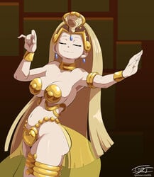 alternate_costume armpits bare_shoulders bikini bikini_armor blonde_hair bracelet breasts closed_eyes cosplay dancer_outfit dancer_shantae dancing double_(skullgirls) epictones female_only gem hardtones harem_outfit jewelry large_breasts long_hair navel shantae skullgirls smile smooth_skin swimsuit tiara