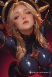 ai_generated aroused bitch blush boobs booty busty cheeky curvy female hands_up horny large_breasts latex latex_bodysuit league_of_legends legs_spread leona looking_at_viewer puffy_lips sexy slim_waist thick_thighs tight_clothing wide_hips
