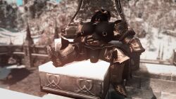 ffxiv big_pecs male solo male_only gay gay_male outside clothing nipple_piercing nipples bulge rein_gabastiel_(entitropy) behemoth_(final_fantasy) horns armor
