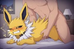 ai_generated bedroom black_sclera choker electricity female from_behind furry hands_on_sides jolteon male male/female male_penetrating male_penetrating_female night nude nude_female nude_male on_bed one_eye_closed penetration penetration_from_behind pleasure_face pokemon pokemon_(species) pussy_juice quadruped rolling_eyes sex sex_from_behind yellow_body yellow_eyes