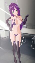 3d alternate_version_available bikini full_body green_eyes keisha_callie_vt kirrie_ishida koikatsu oc original_character purple_bikini purple_bikini_bottom purple_bikini_top purple_hair robot_girl robotic_arm robotic_legs sexy