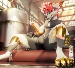 3d_(artwork) absurd_res animal_genitalia animal_penis anthro balls black_body black_fur blender_(artwork) bodily_fluids claws cosmic_ray_the_aerogen cum cum_drip deuzear digital_media_(artwork) dripping erection fur genital_fluids genitals golden_markings grey_body grey_fur hi_res knot lill_esp looking_at_viewer male multicolored_body penis scaled_penis solo white_body white_fur