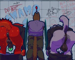 absurd_res age_difference anus avalath_tiger beard big_butt black_genitals bodily_fluids body_hair butt butt_hair canid canine canis clothed clothing dragon euplerid exhibitionism facial_hair flaccid foreskin fossa genital_fluids genitals glowing glowing_genitalia group hi_res horn male male_only mammal mythological_creature mythological_scalie mythology older_male partially_clothed peeing peeing_in_urinal penis reptile scalie slim_male squating tail toilet trio urinal urine wolf