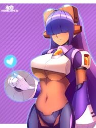 1girl absurdres android armor beauty_mark big_breasts blunt_bangs breastplate breasts capcom commentary cowboy_shot dark-skinned_female dark_skin english_commentary hair_over_eyes headgear heart highres hime_cut large_breasts layer layer_(mega_man) long_hair mega_man mega_man_(series) mega_man_x mega_man_x_(series) mole mole_under_eye navel parted_lips purple_background purple_hair rob_(robarts) robarts_hallway robot_ears robot_girl sidelocks smile solo standing underboob