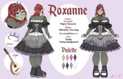 a-i-k-art aikart roxanne_(ace_teddy_bear) ace_teddy_bear goblin goblin_girl green_skin green-skinned_female green_skinned_female female female_focus red_hair ponytail ponytail_female ponytail_hair long_hair red_eyebrows thick_eyebrows glasses purple_eyes hair_ornament silver_hair_ornament grey_hair_accessory silver_hair_accessory reference_sheet thick_thighs dress black_dress shoes instrument fully_clothed