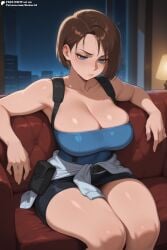 ai_generated arms_up blue_eyes bob_cut brown_hair clothes_around_waist jill_valentine medium_breasts resident_evil short_hair sitting skirt solo solo_female stoker_ai tsundere tubetop