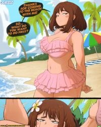 beach bikini bikini_top bikini_bottom bikini_skirt asian asian_female ochako_uraraka izuku_midoriya green_hair brown_hair full_nelson implied_sex public_sex boobs breasts curvy curvy_figure daimusraw dialogue boku_no_hero_academia boku_no_hero_academia_(finale) my_hero_academia my_hero_academia_(finale) ass clothed blush post-timeskip uraraka_ochako midoriya_izuku booty smile text illustration shonen_jump comic panels brown_eyes 1boy1girl male/female