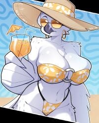 original original_character oc vice_(budoti) budoti 2d 2025 solo solo_female solo_anthro 1girls 1female female female_only female_anthro anthro anthro_only anthro_female feathers white_body white_feathers feather_hands avian bird owl true_owl snowy_owl horned_owl tail_feathers hat headwear sunhat eyewear glasses tinted_eyewear tinted_glasses earrings hoop_earrings jewelry gold_jewelry chest_tuft tuft bare_shoulders bikini swimwear two-piece_swimsuit breasts big_breasts boobs big_boobs tits big_tits cleavage glistening glistening_breasts standing curvy curvy_figure curvaceous curvy_female holding_glass beak front_view o-ring_bikini beach legs_together cleavage_overflow huge_breasts