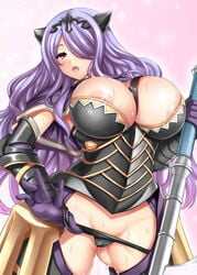 armor camilla camilla_(fire_emblem) fire_emblem fire_emblem_fates huge_breasts large_breasts nipple_slip open_mouth panties pulling_down_panties purple_eyes purple_hair