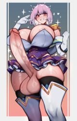 shinjou_akane gridman_universe unbeller futanari futa_only violet_hair huge_breasts big_balls sweat sweaty thick_thighs erection erection_under_skirt skirt gradient_hair gradient_background looking_down